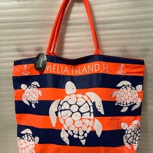 Amelia Island Orange and Navy Striped Sea Turtle Beach Tote Bag